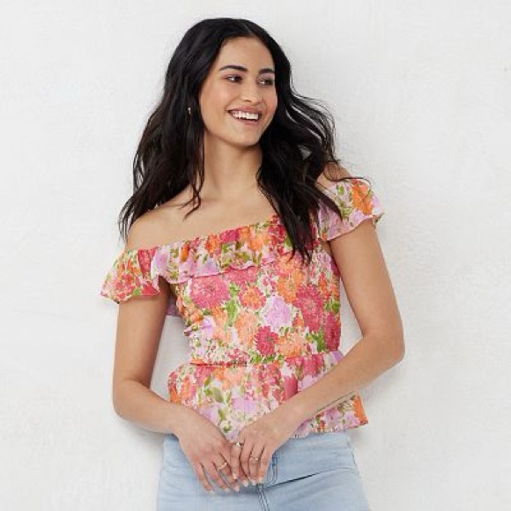 LC Lauren Conrad Print Smocked Ruffle Tank